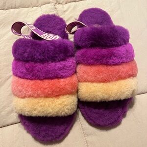 UGG Women's Colorful Fluff Yeah Slide- Purple, Pink, Orange, Cream